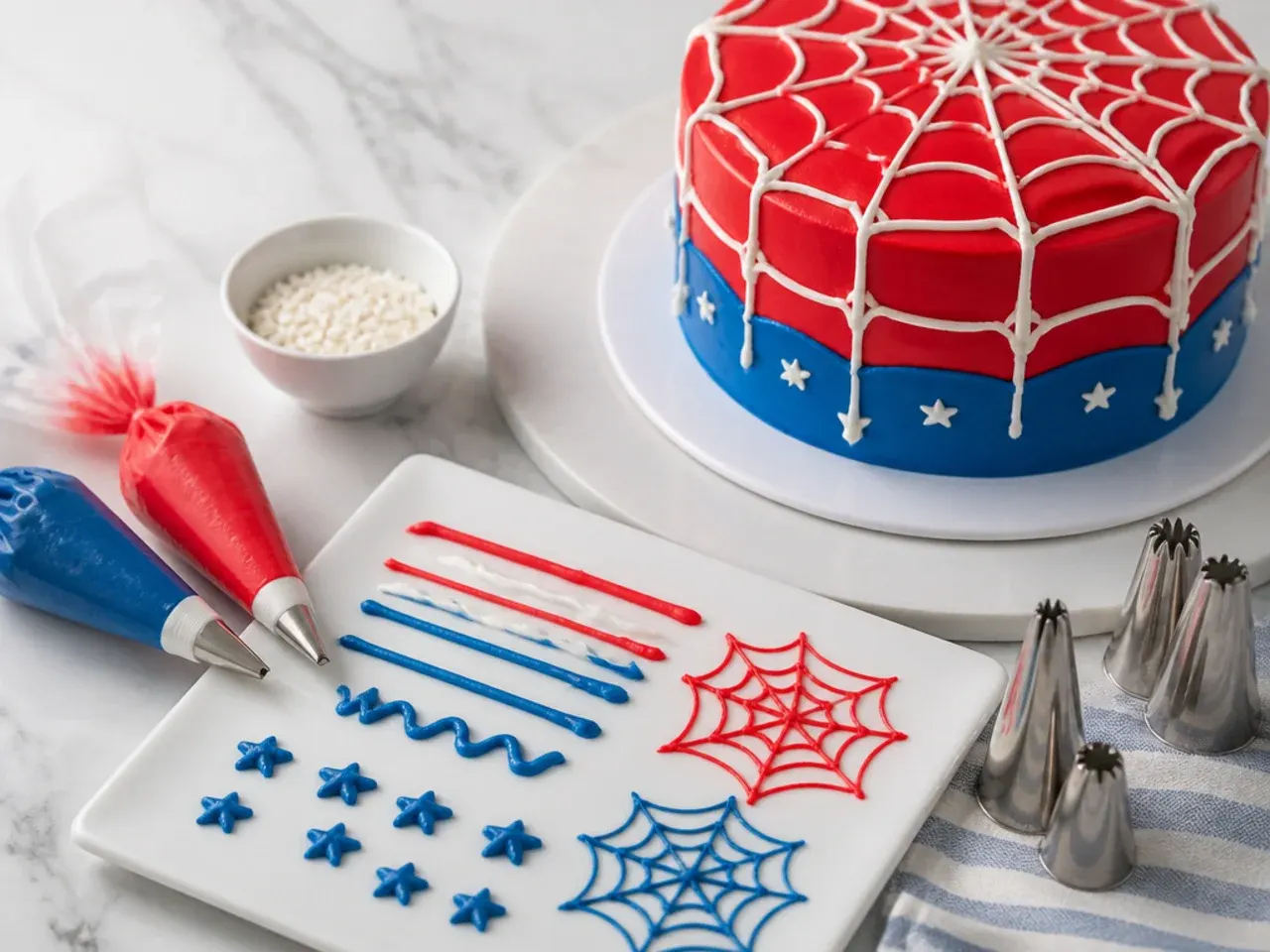 Piping practice and tools for making spiderman cake ideas easier at home