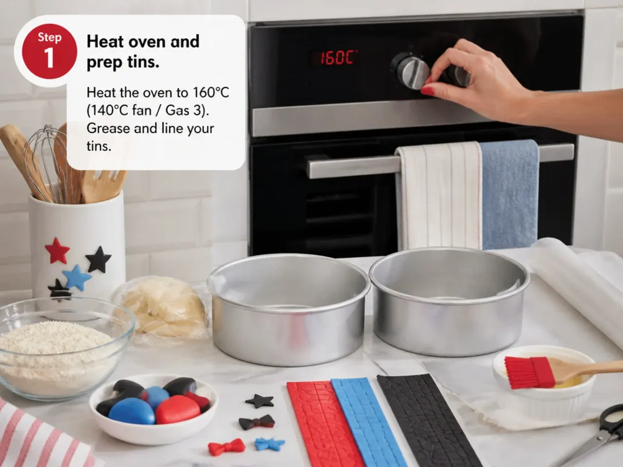 spiderman cake topper — step 1: heat oven and prep tins