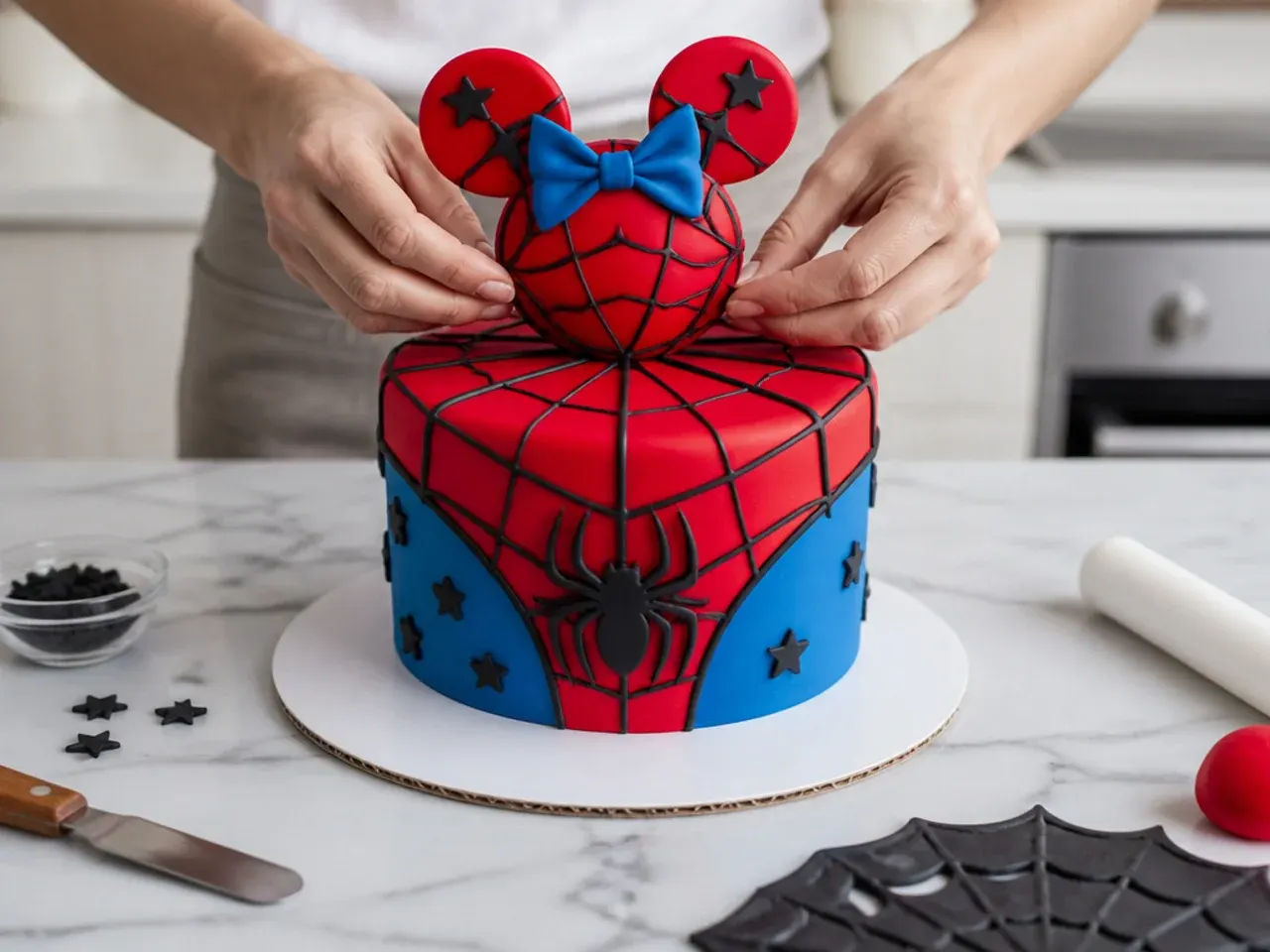 spiderman cake topper — step 7: apply the final coat and topper