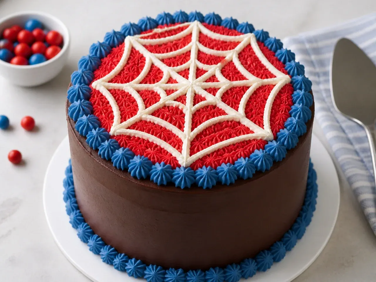 Piped buttercream web spiderman cake topper design on a chilled chocolate cake
