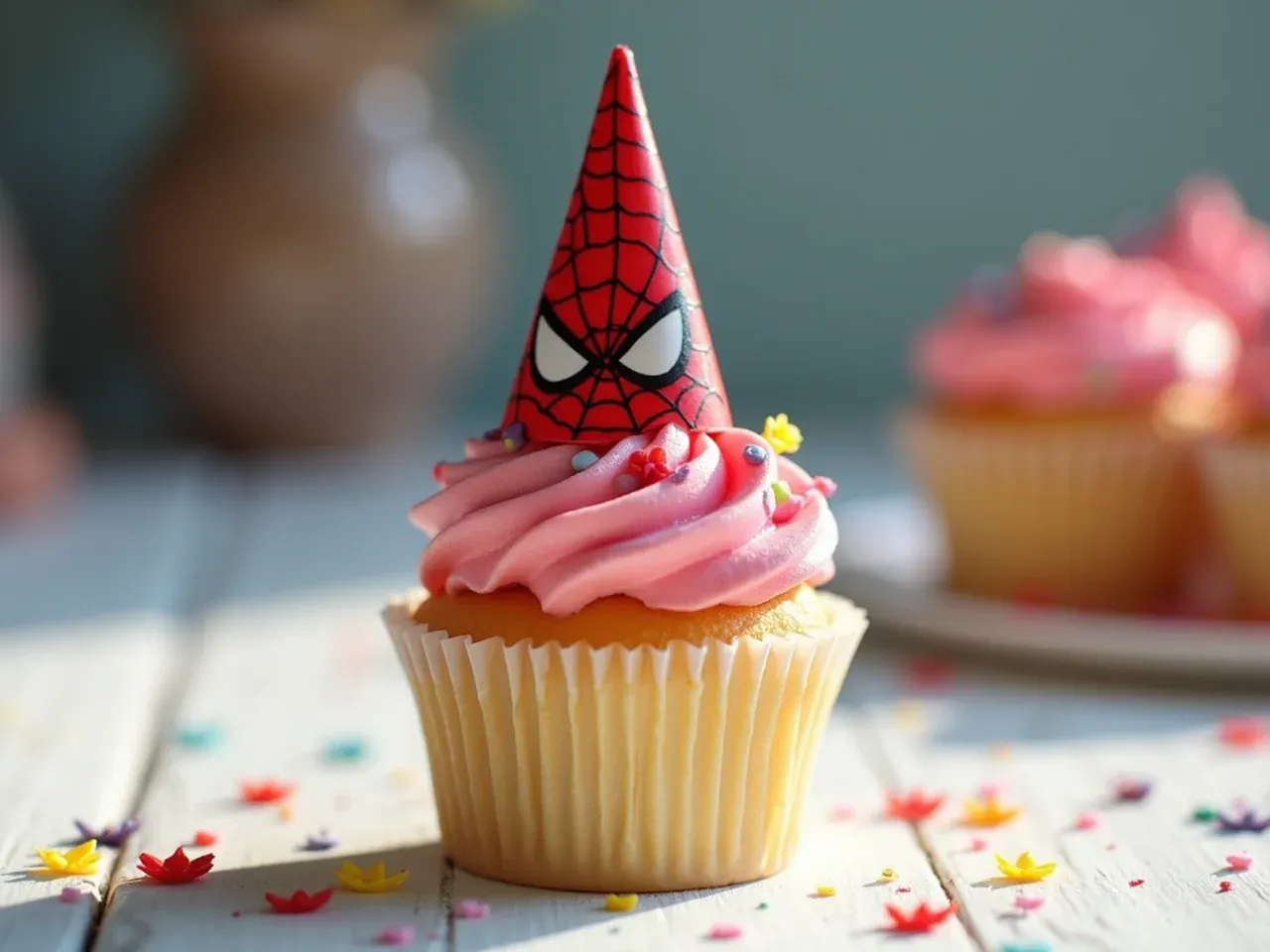 Easy spiderman cake topper made from an action figure with a mini party hat