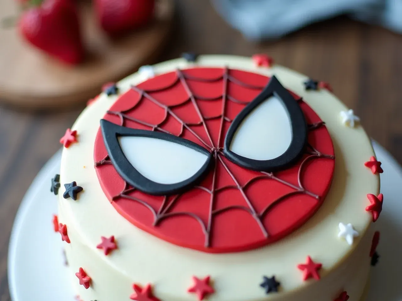 Elegant fondant plaque spiderman cake topper with layered eyes and web lines
