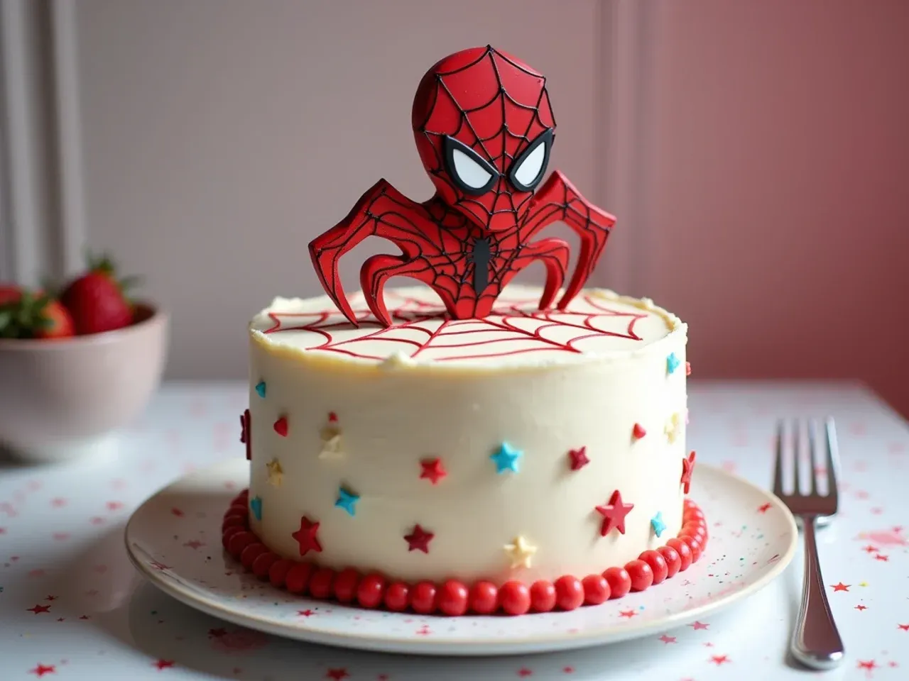 Playful printed edible sheet spiderman cake topper pressed onto buttercream