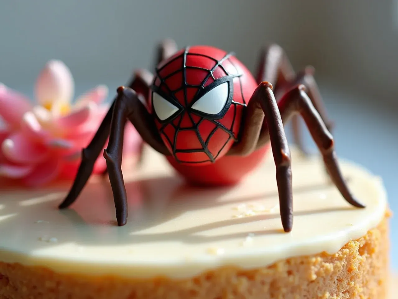 Modern modeling-chocolate spider spiderman cake topper perched on a cake edge