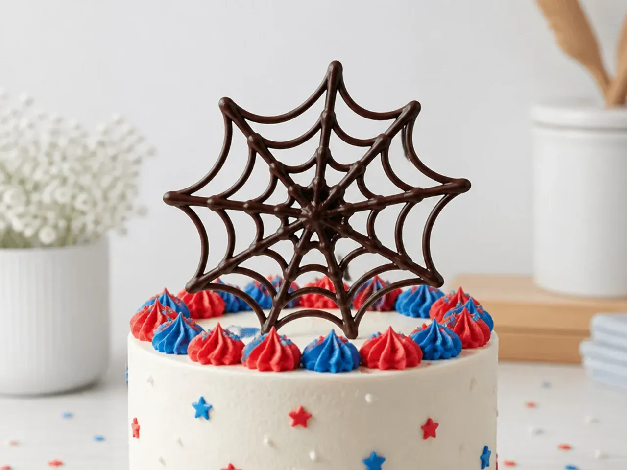 Rustic piped chocolate web spiderman cake topper standing upright on a cake