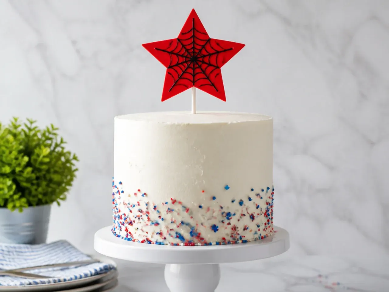 Minimal single red star spiderman cake topper on a smooth buttercream cake