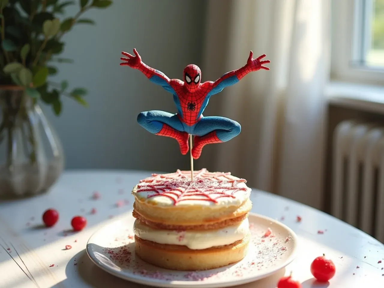 Whimsical web-swinging figure spiderman cake topper suspended on an isomalt thread