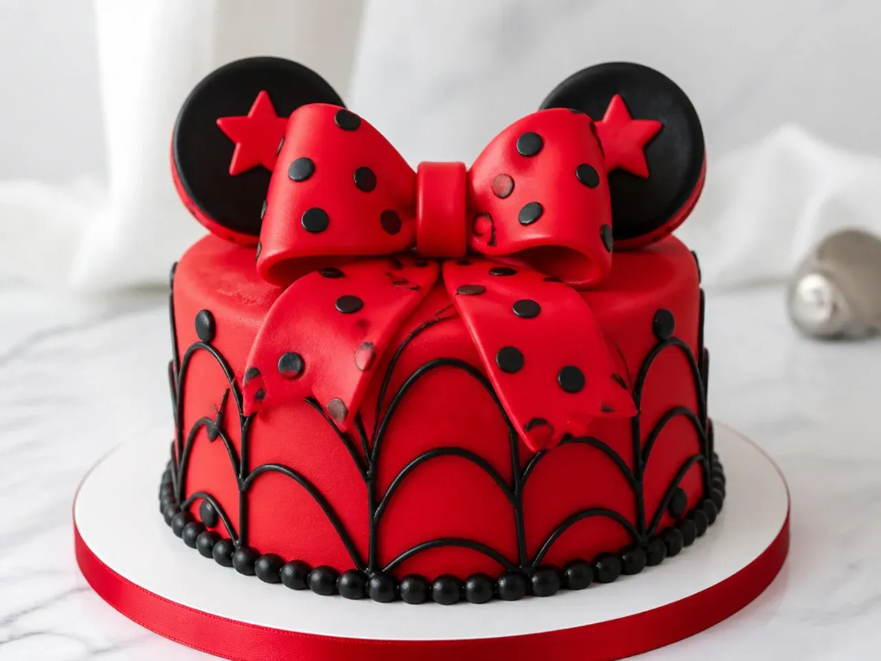 Bold red fondant bow spiderman cake topper with black polka dots for a girl's party
