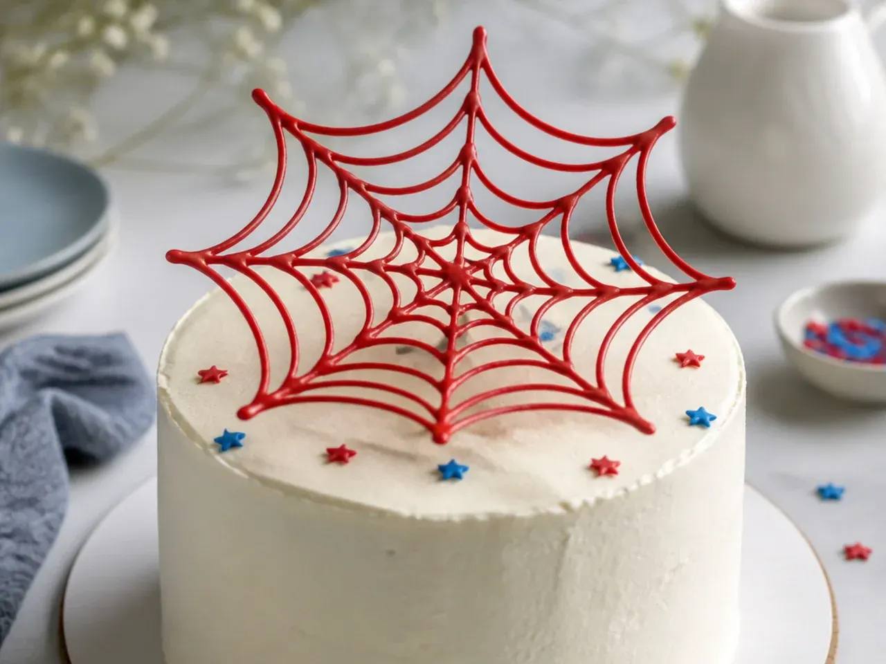 Delicate royal-icing web lace spiderman cake topper resting on a frosted cake