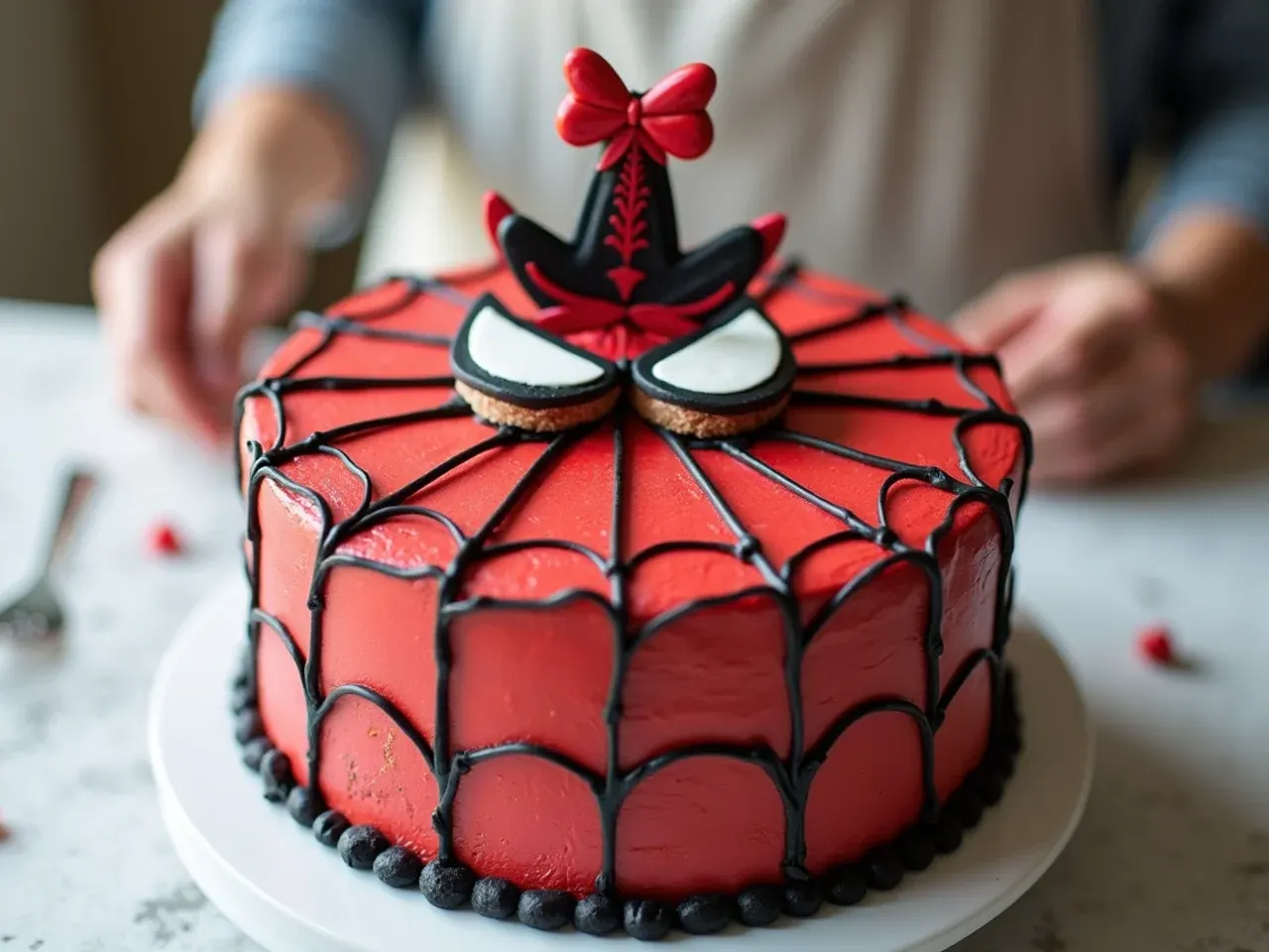 Vintage comic-panel edible print spiderman cake topper with a piped black border