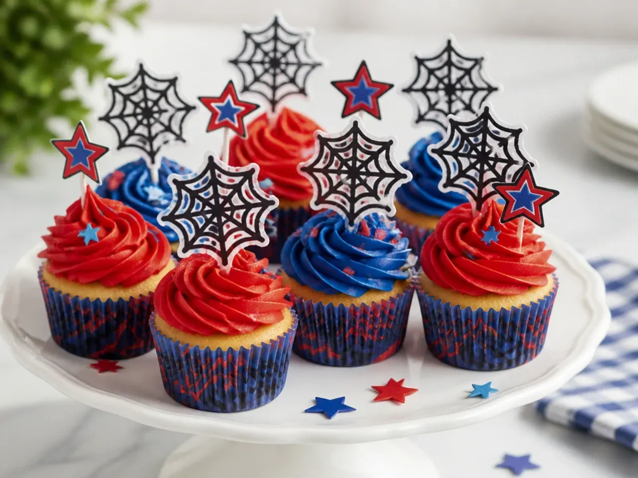 Charming cluster of cupcakes with mini spiderman cake topper webs and stars