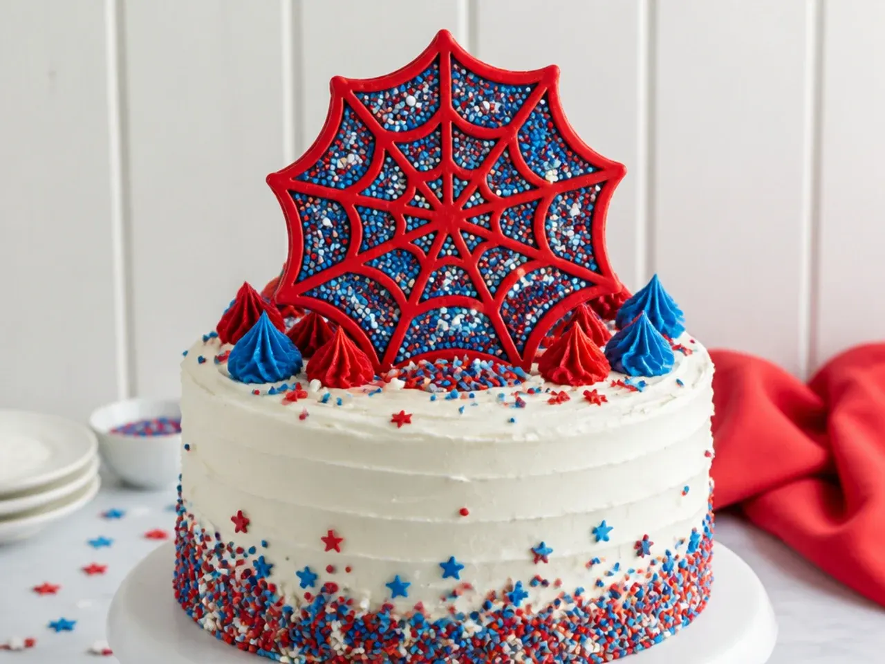 Easy red and blue sprinkle-mix spiderman cake topper edge on a frosted cake