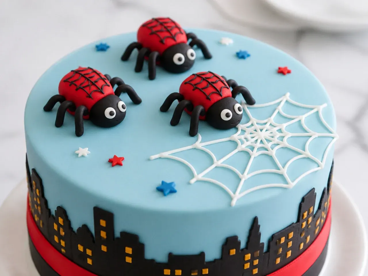 Playful trio of fondant spiders spiderman cake topper crawling toward a web