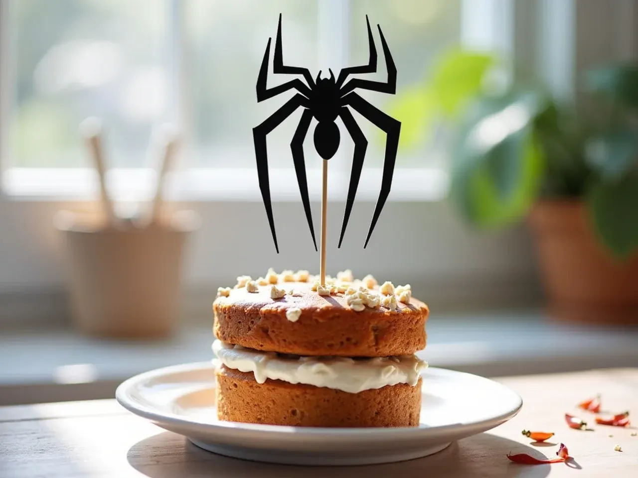 Modern geometric web silhouette spiderman cake topper standing upright behind a cake