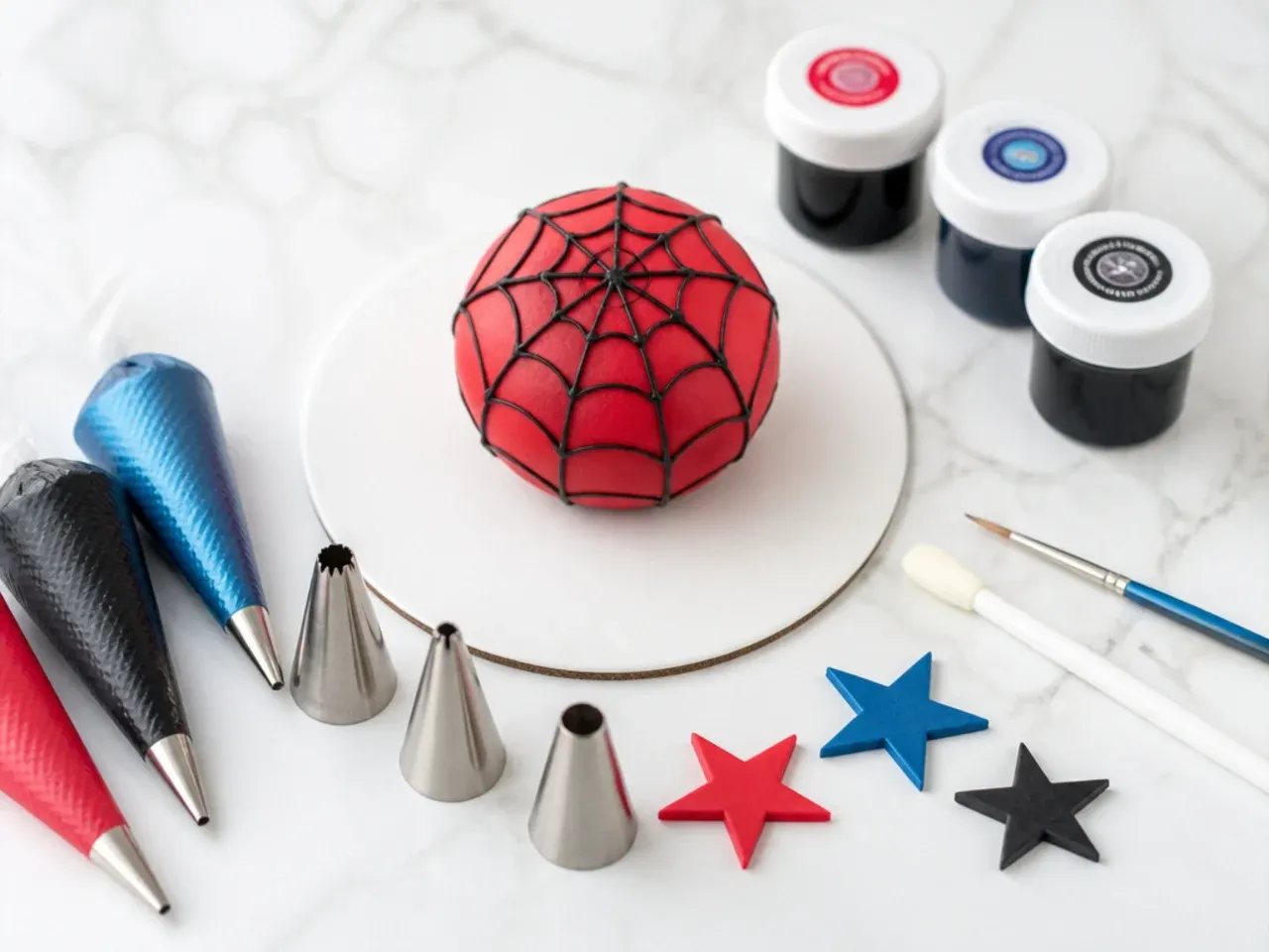 Tools and tips for making a spiderman cake topper including piping tips and gel colors