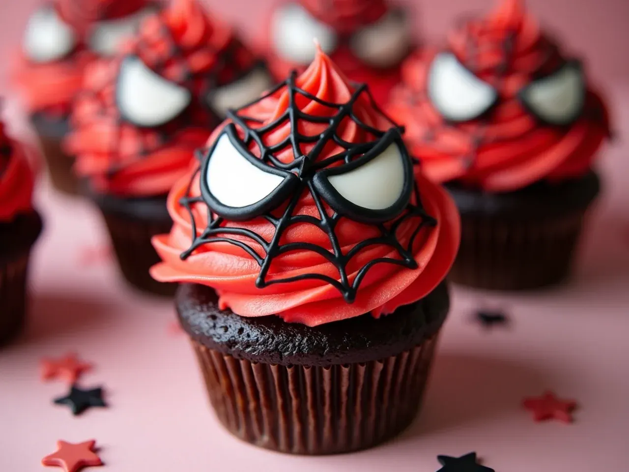 Red buttercream Spiderman cupcake with black web piping on top