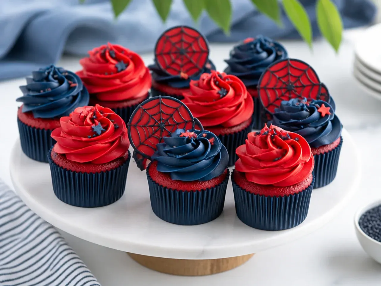 Elegant red and navy rosette Spiderman cupcakes on a stand