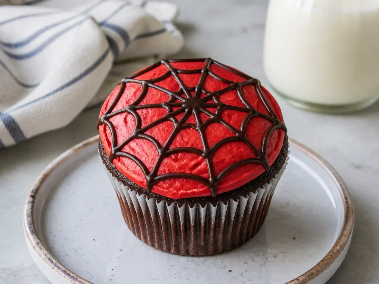Rustic Spiderman cupcake with ganache web over thin red frosting