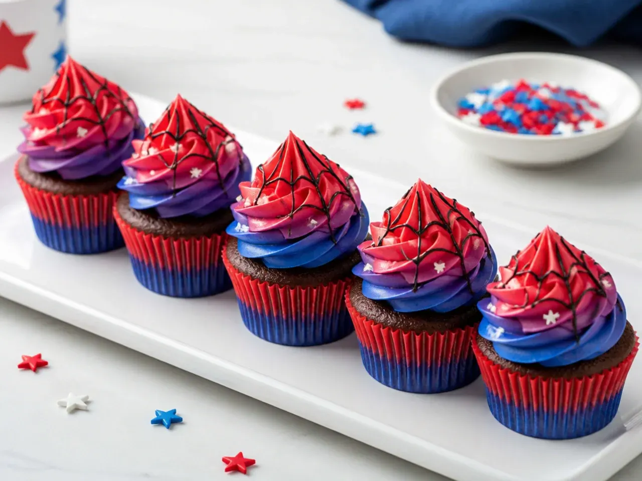 Colorful ombre Spiderman cupcakes fading from red to blue