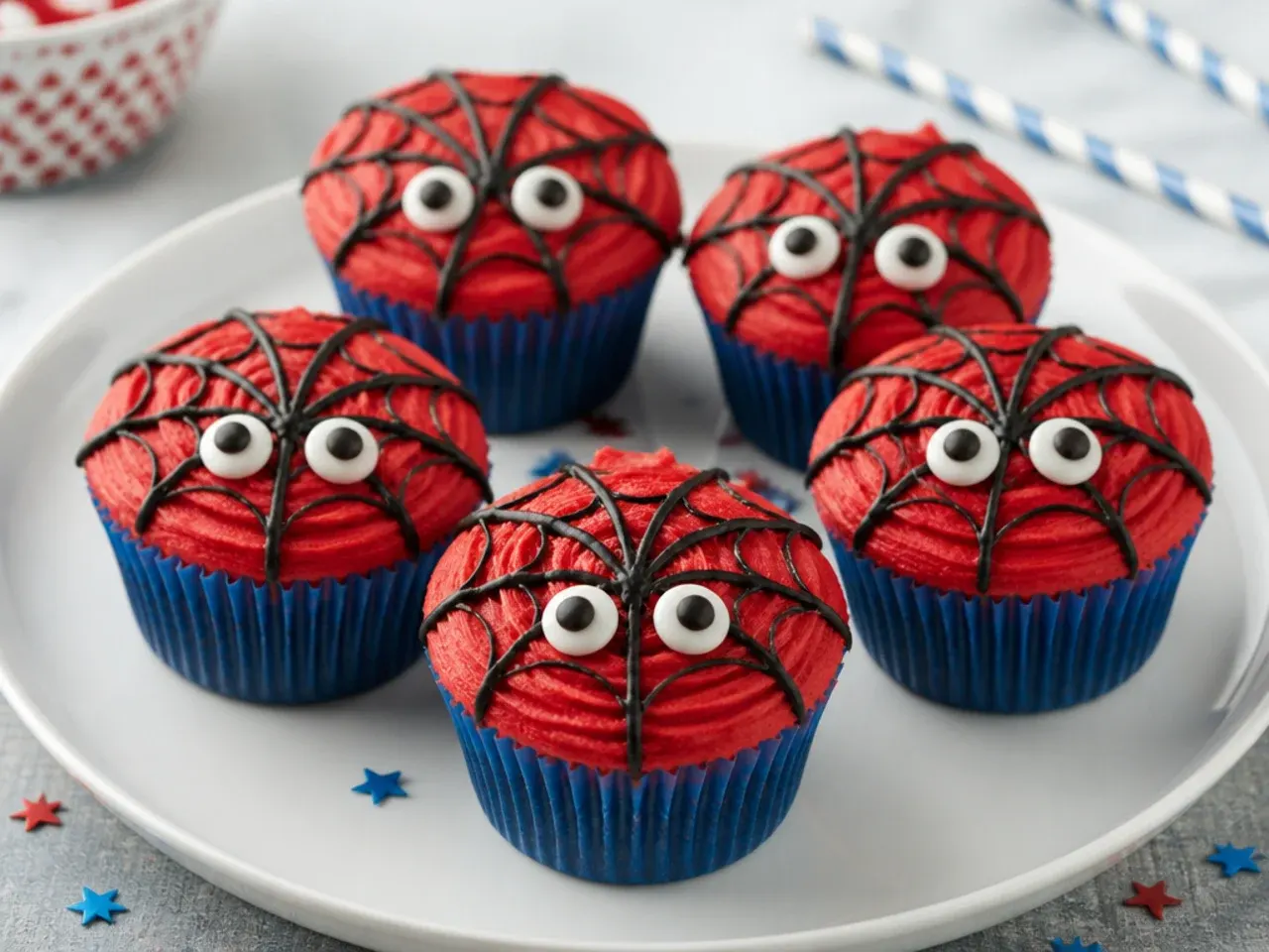Whimsical spider-face Spiderman cupcakes with candy eyes
