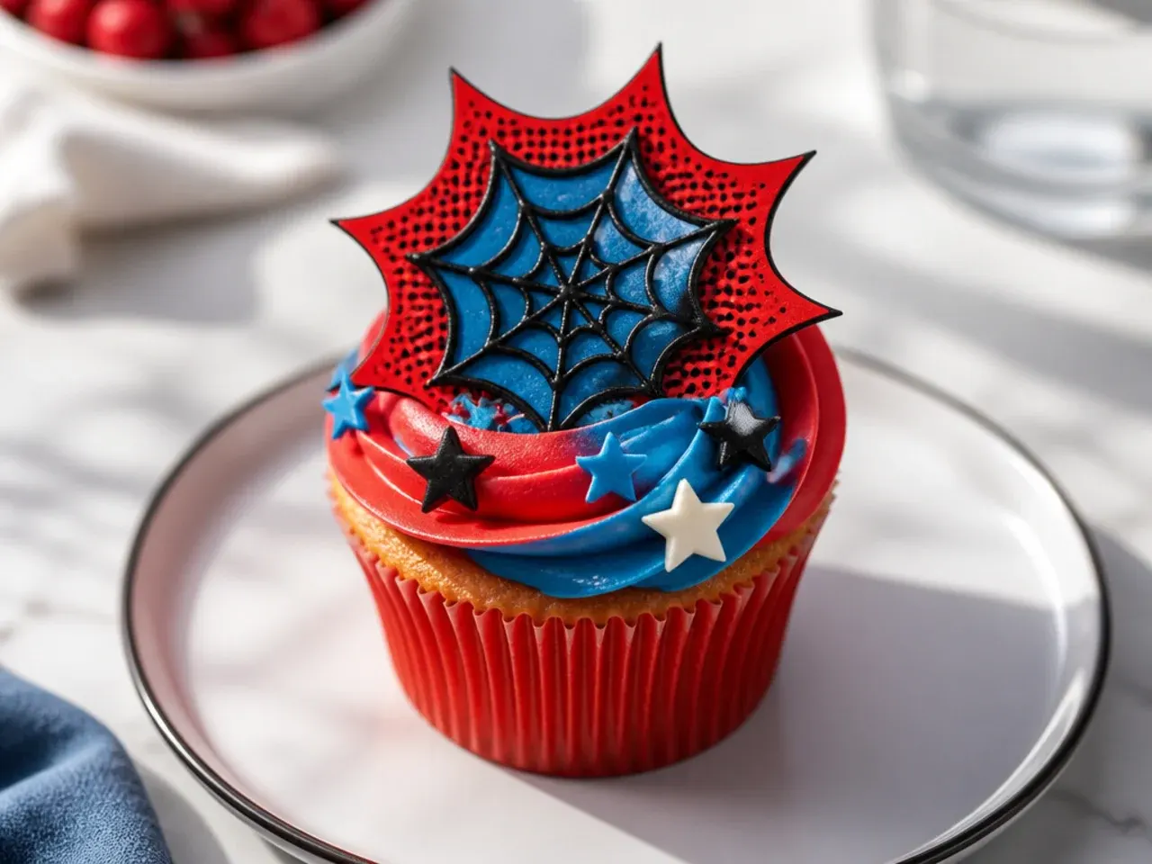 Vintage comic halftone dot Spiderman cupcakes in red and blue