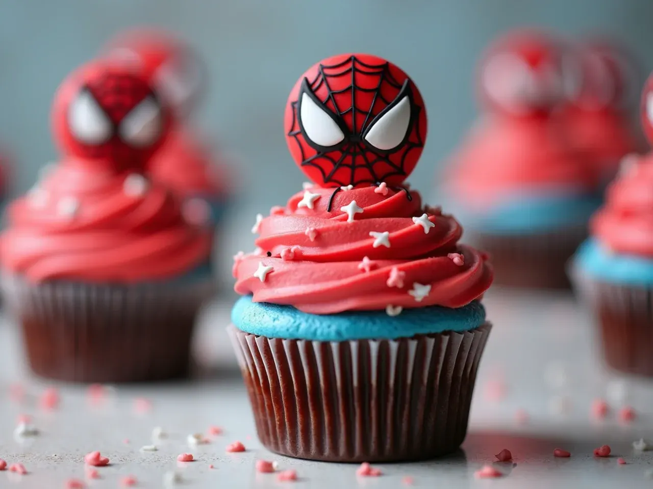Classic fondant Spiderman cupcake topper with white eye accents