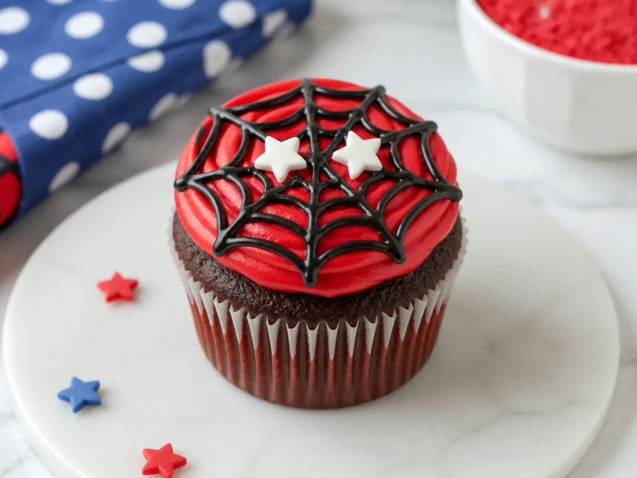 Easy Spiderman cupcakes using store-bought red frosting and black web icing