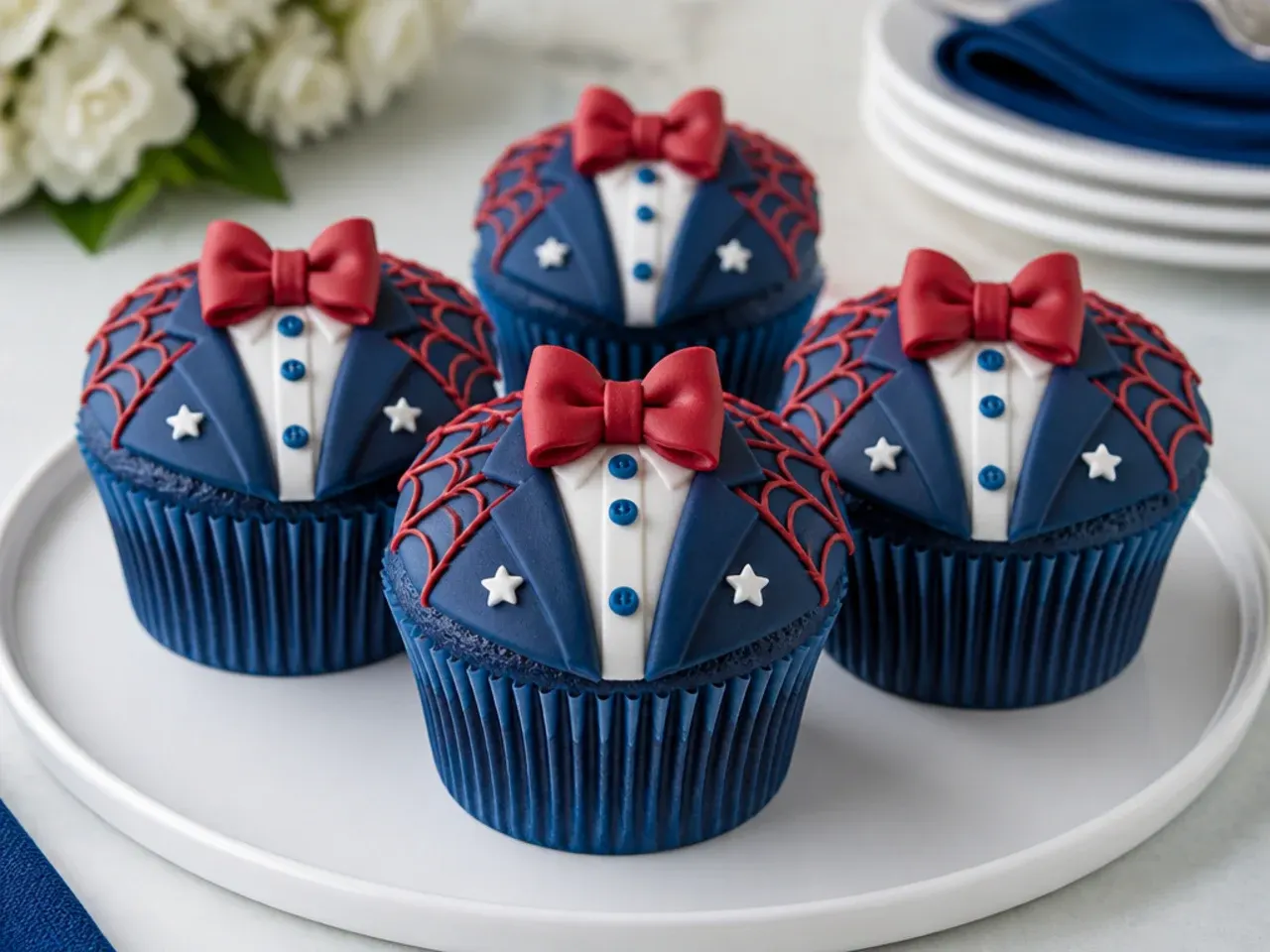 Elegant blue suit Spiderman cupcakes with fine red web accents