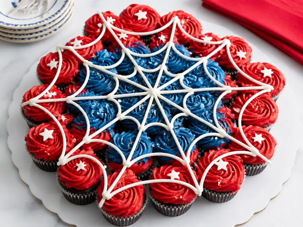Playful pull-apart Spiderman cupcake cake with one large web design