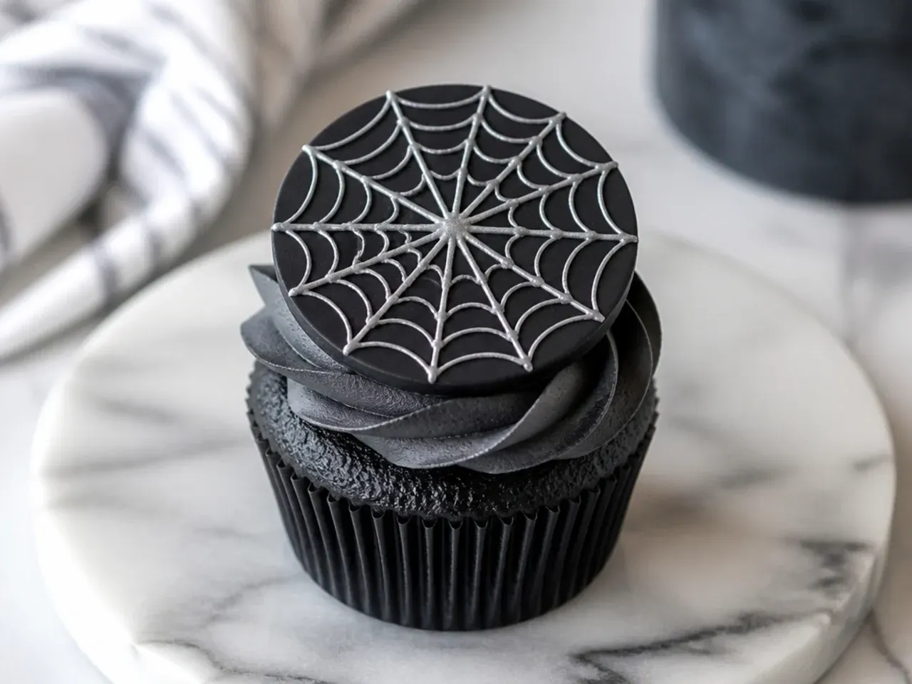 Modern matte black Spiderman cupcakes with metallic silver web