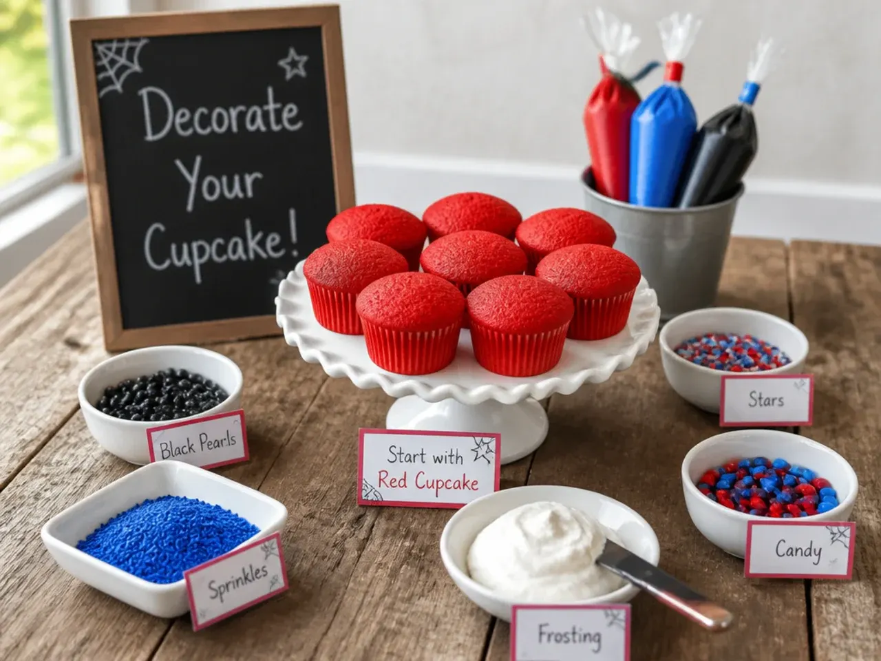 Rustic kids' decorating station with plain red Spiderman cupcakes and toppings