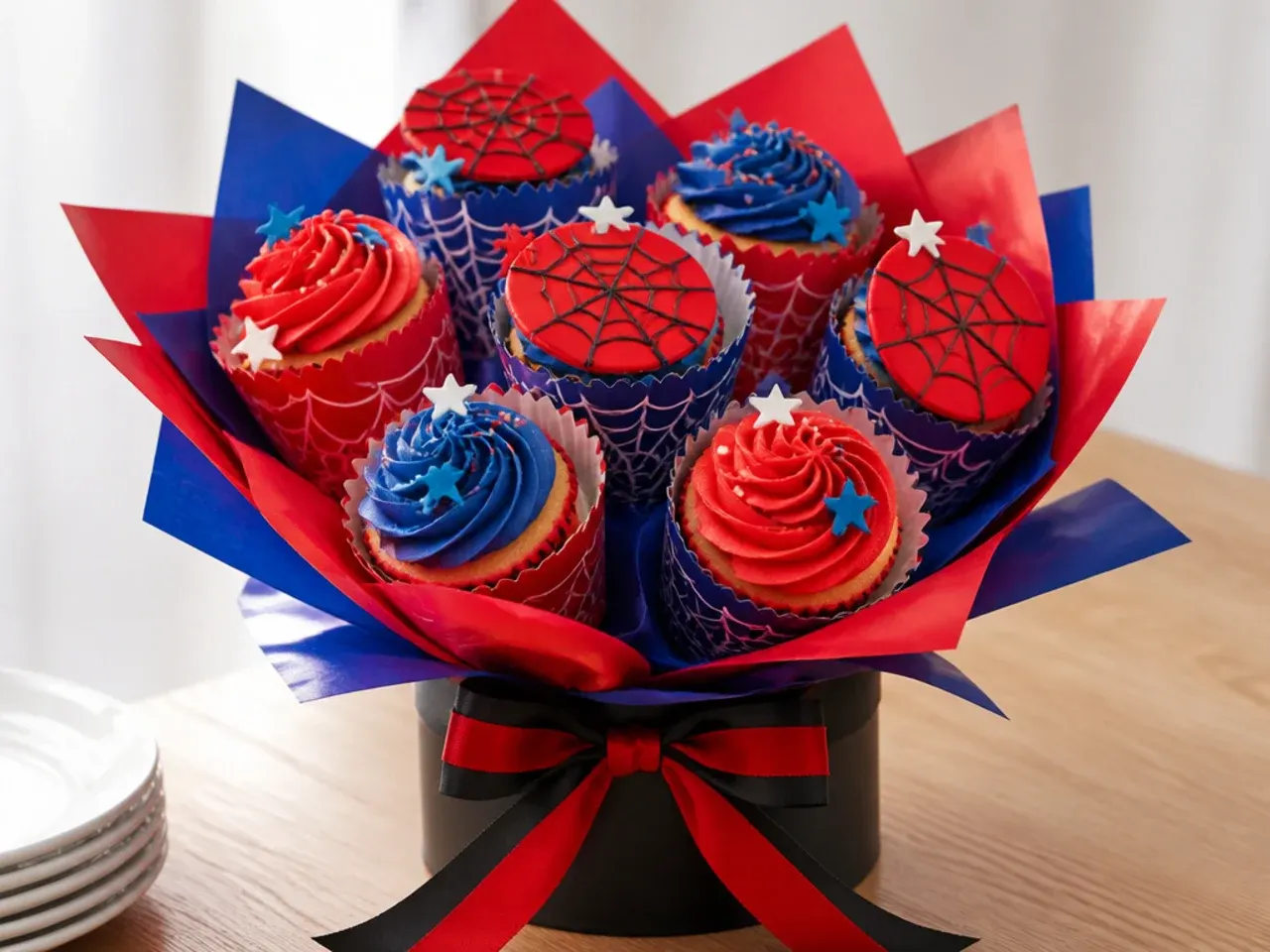 Festive Spiderman cupcake bouquet with printed web wrappers
