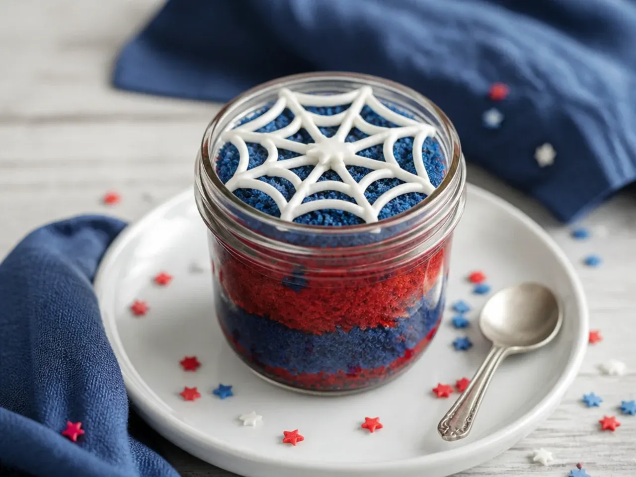 Whimsical Spiderman cupcakes baked in jars with a web piped on top