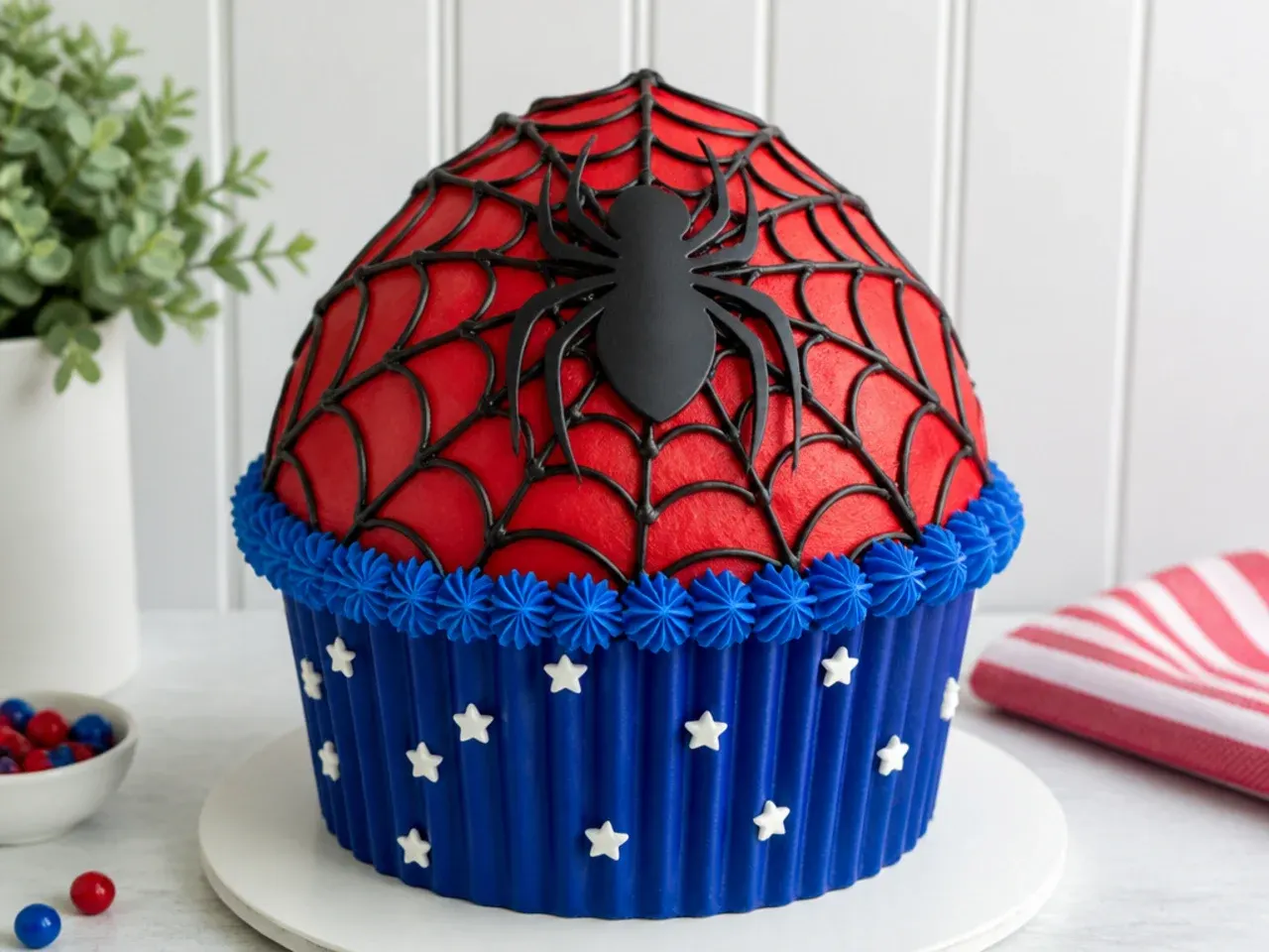 Bold giant Spiderman cupcake centerpiece with a large web design