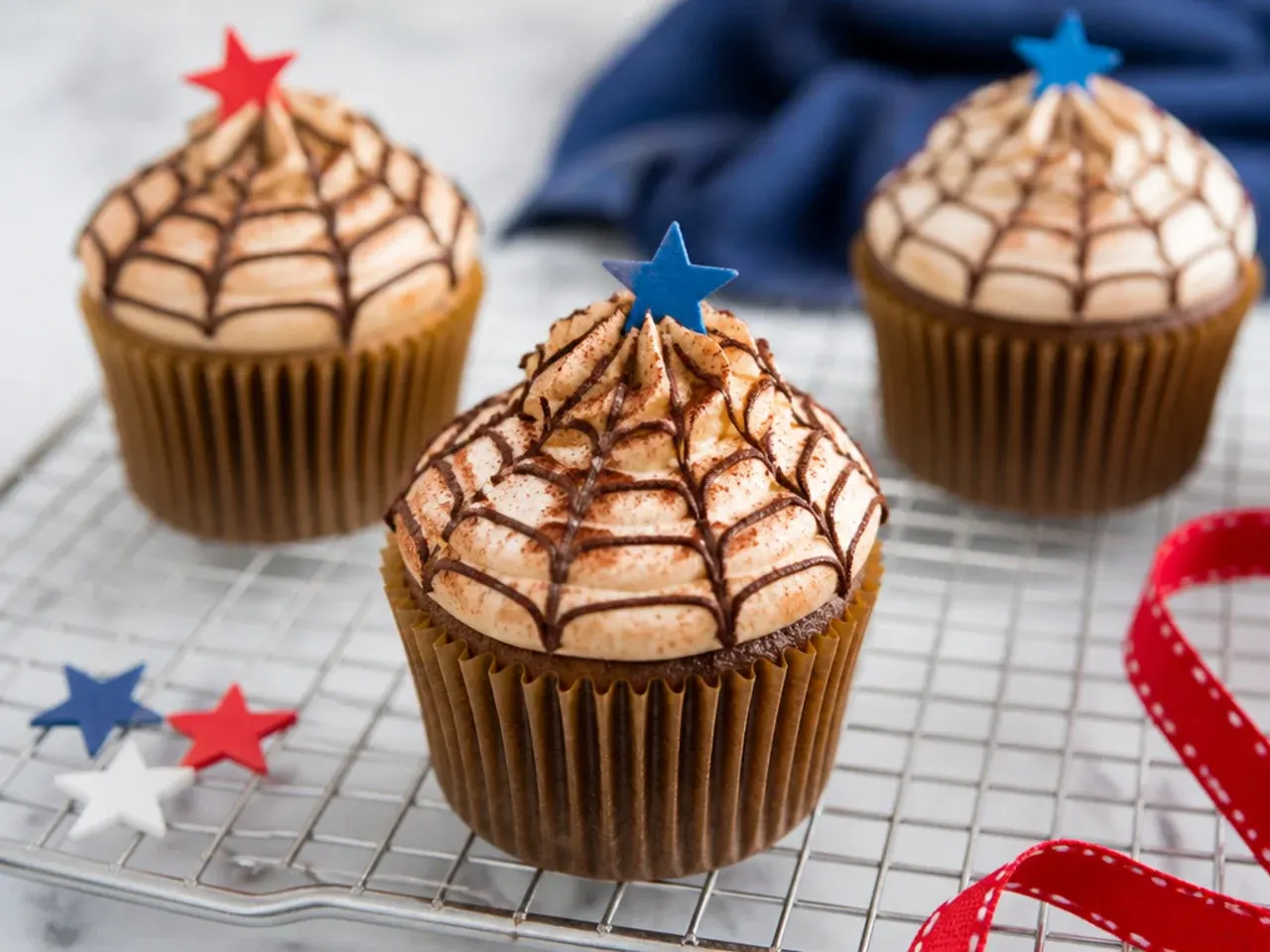 Vintage Spiderman cupcakes in kraft liners with a stamped cocoa web