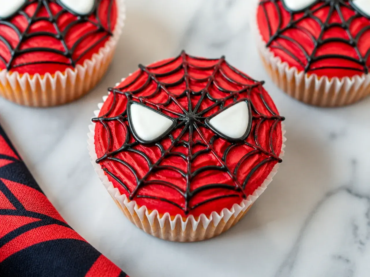 Creative 3D piped web Spiderman cupcakes with raised black lines