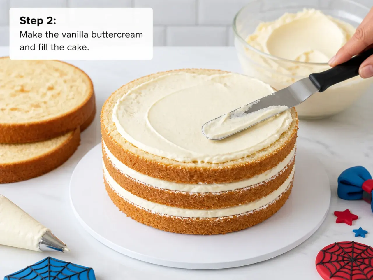 spiderman fondant cake — step 2: make the vanilla buttercream and fill the cake