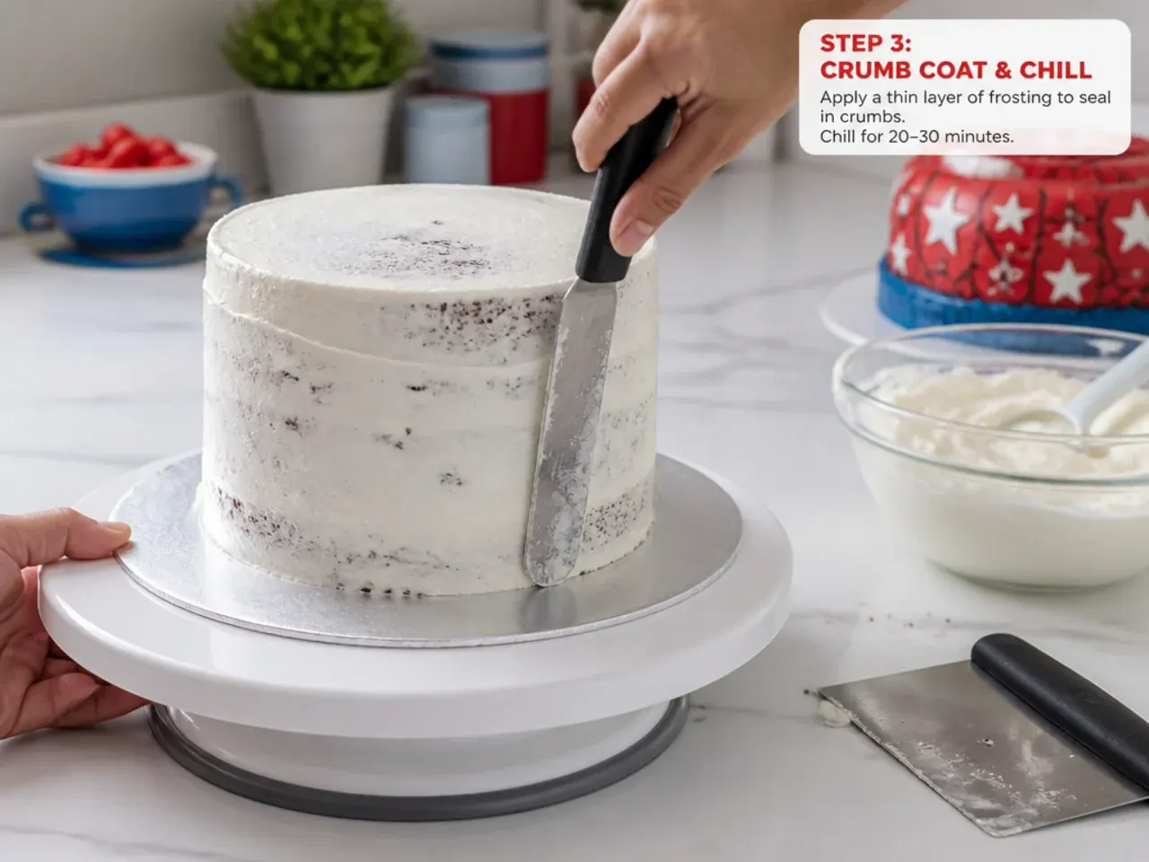 spiderman fondant cake — step 3: crumb coat and chill