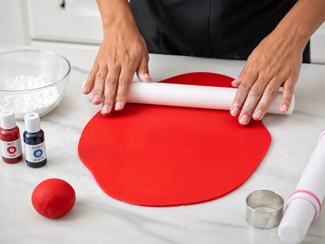 spiderman fondant cake — step 4: colour and roll the red fondant