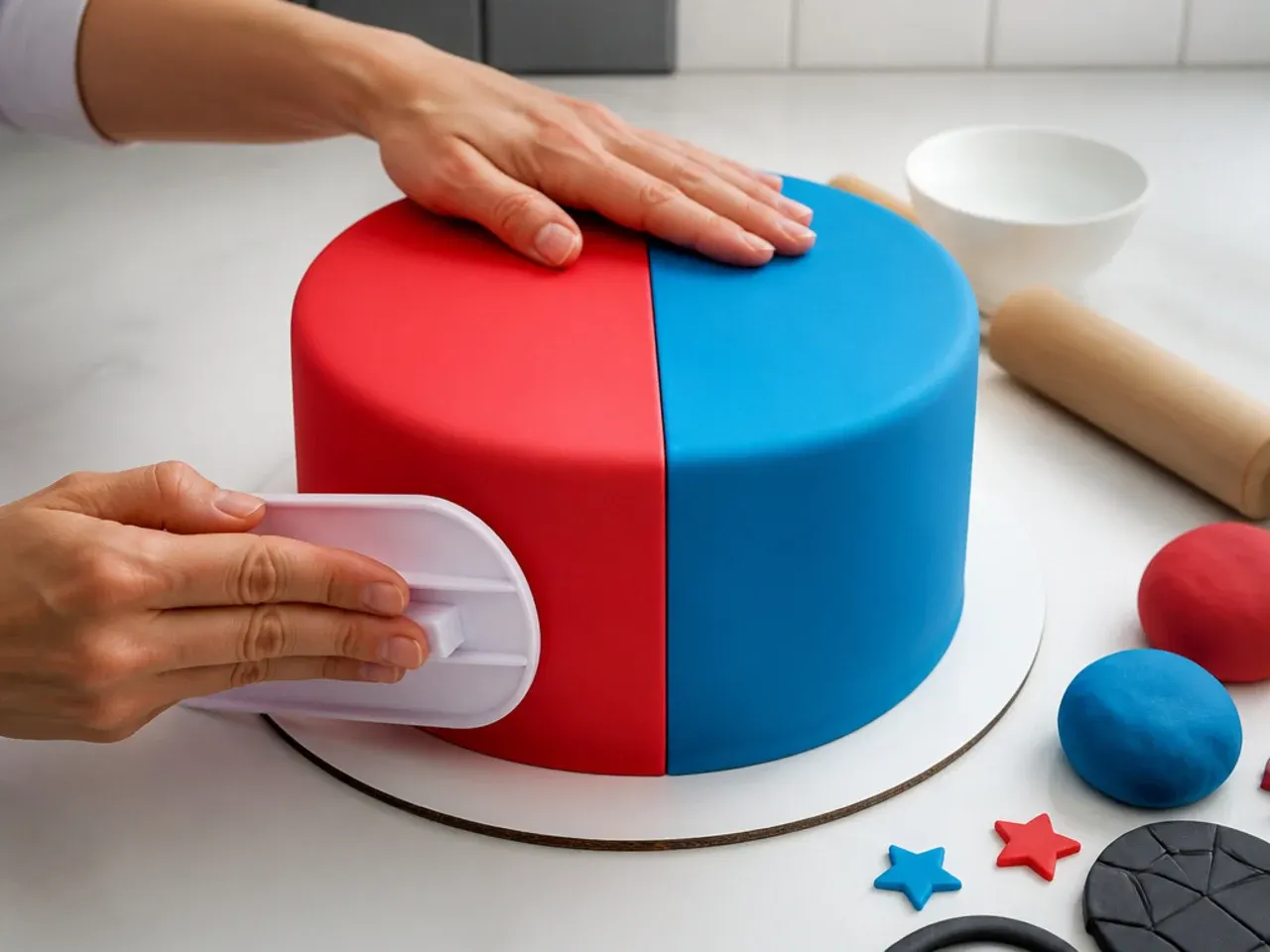 spiderman fondant cake — step 5: cover the cake and smooth