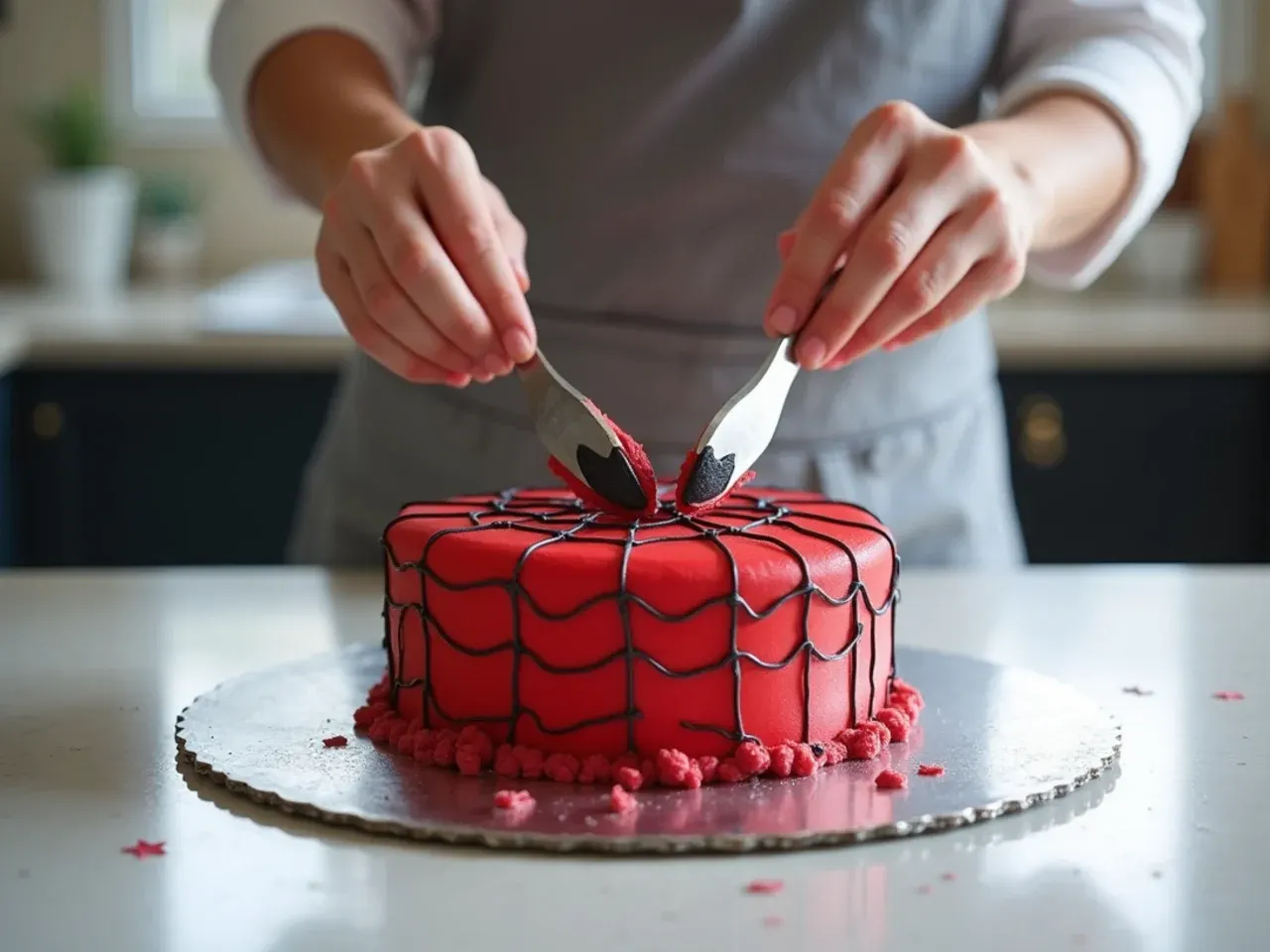 spiderman fondant cake — step 6: add the eye shapes