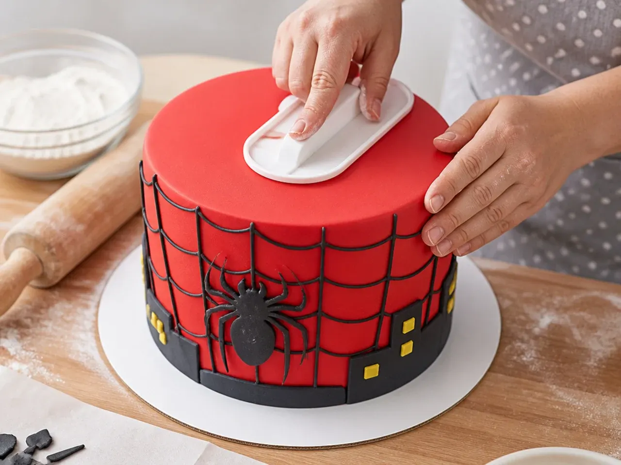 Hands smoothing red fondant over a chilled spiderman fondant cake with a fondant smoother