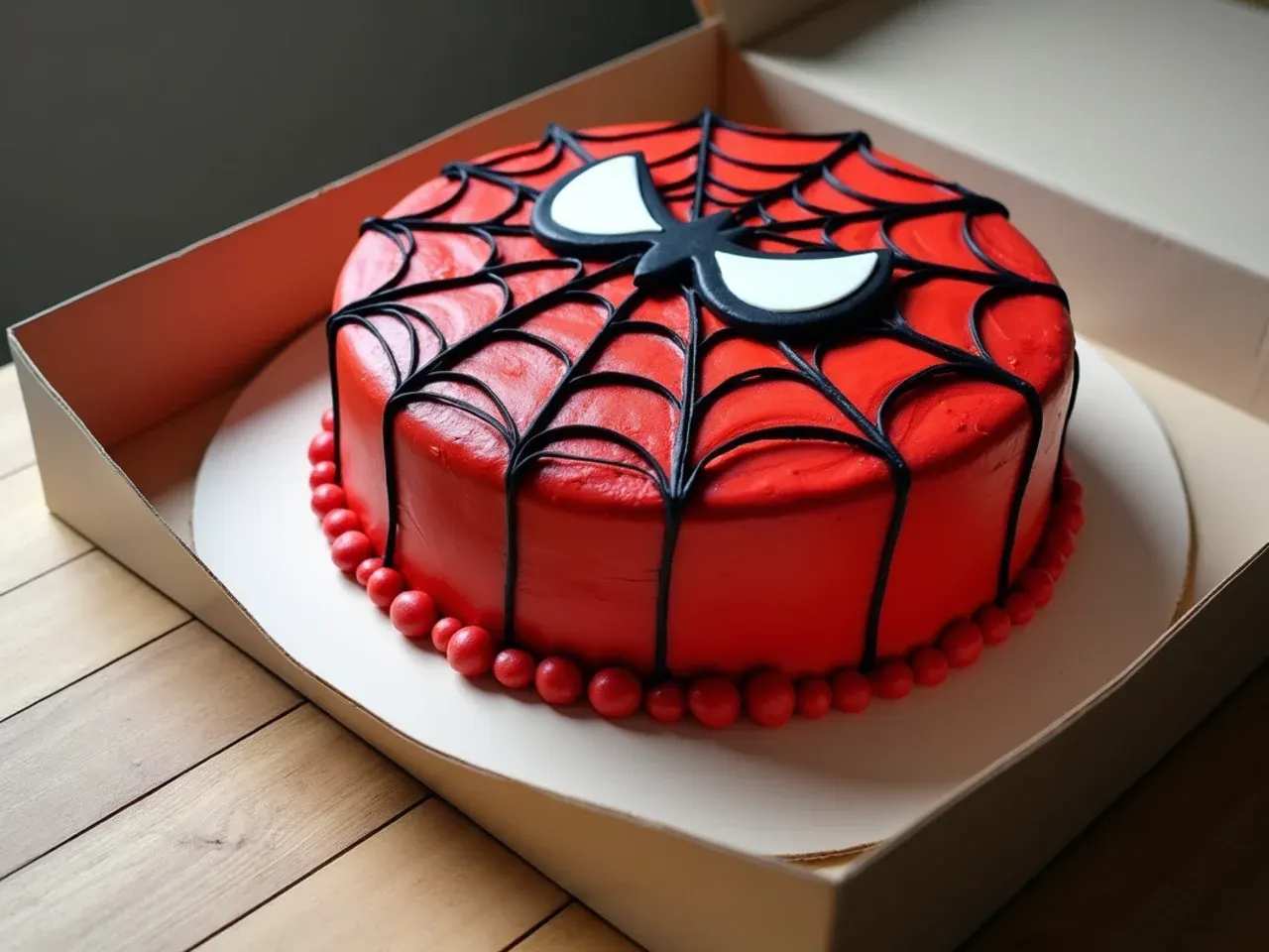 Finished red spiderman fondant cake with black web lines stored in a cake box at room temperature