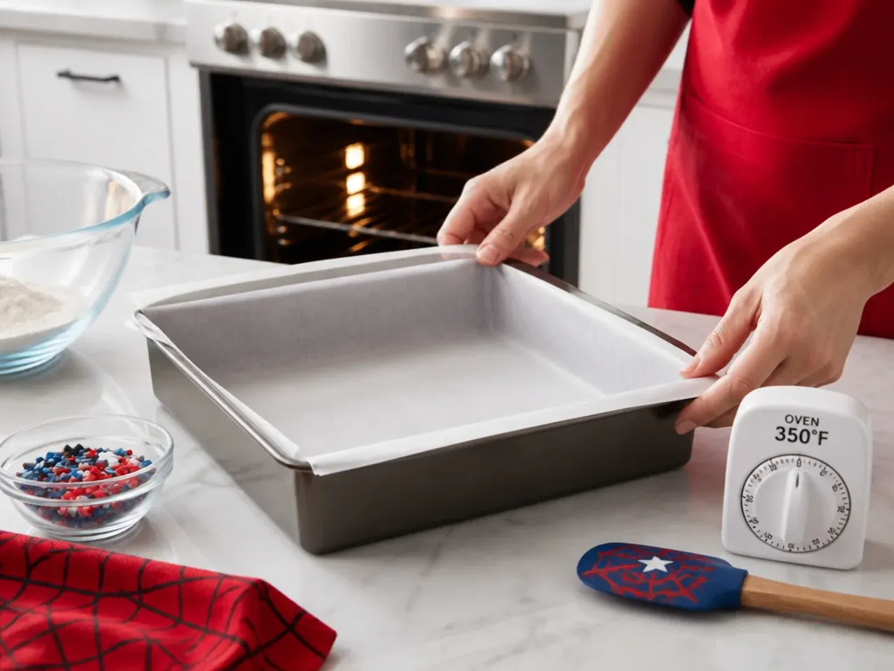 spiderman sheet cake — step 1: prep the pan and oven