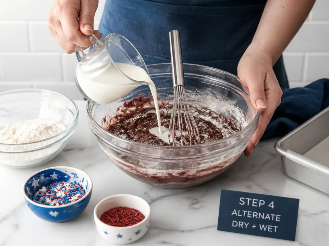 spiderman sheet cake — step 4: alternate dry and wet
