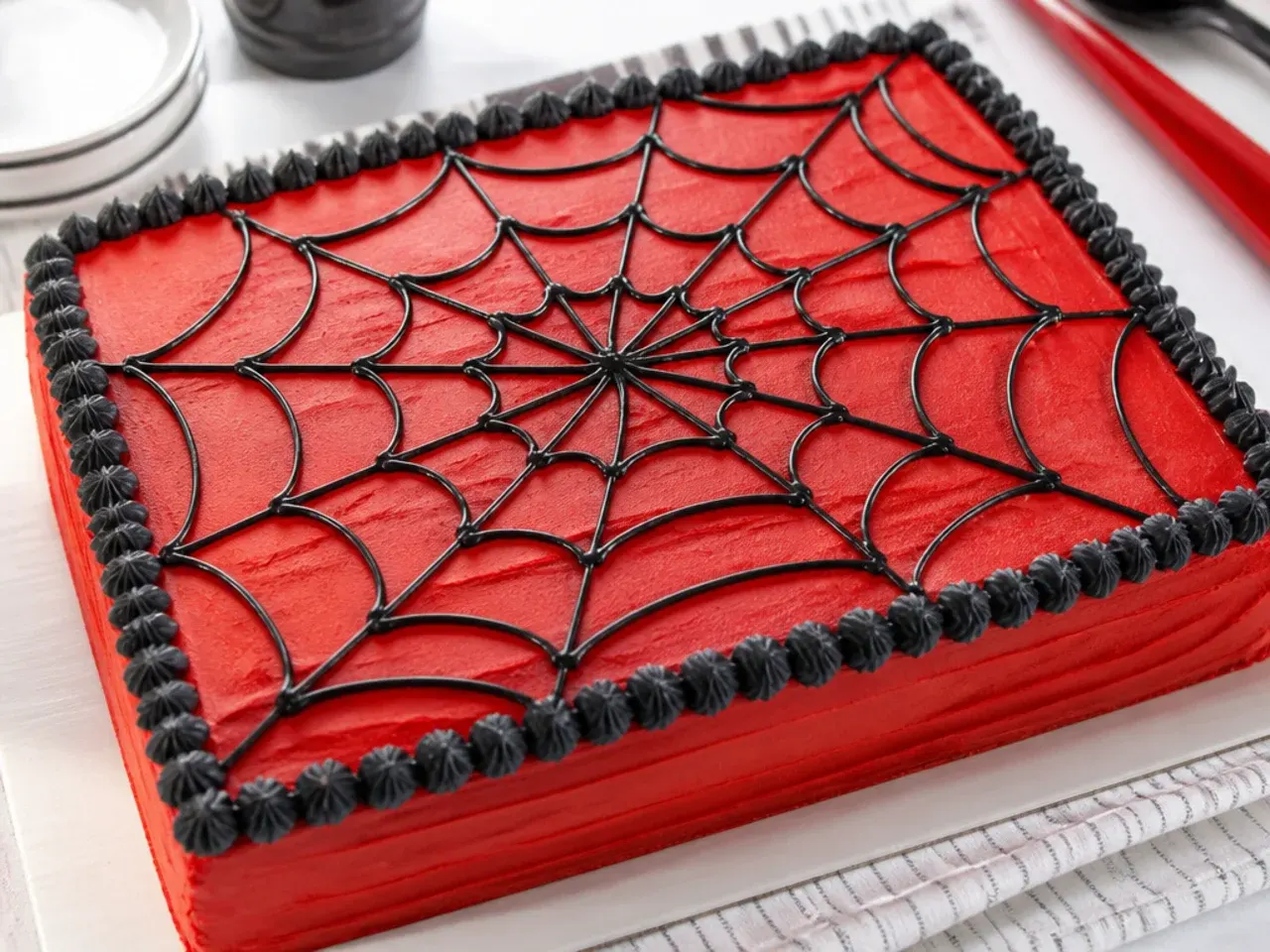 Red Spiderman sheet cake with black piped web lines across the buttercream top