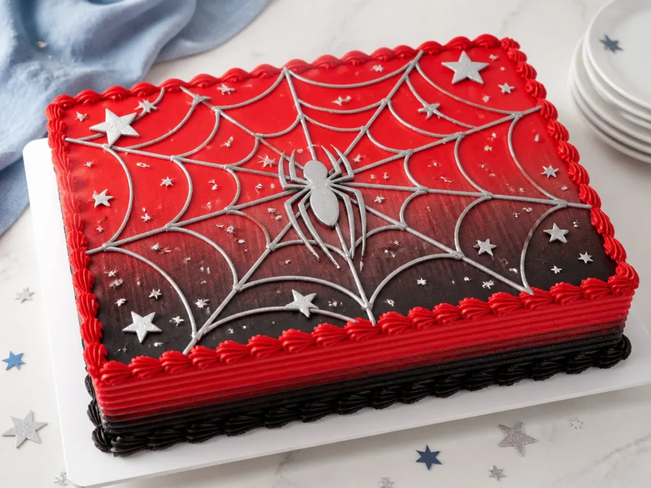 Elegant ombre red Spiderman sheet cake with silver web lines and edible stars