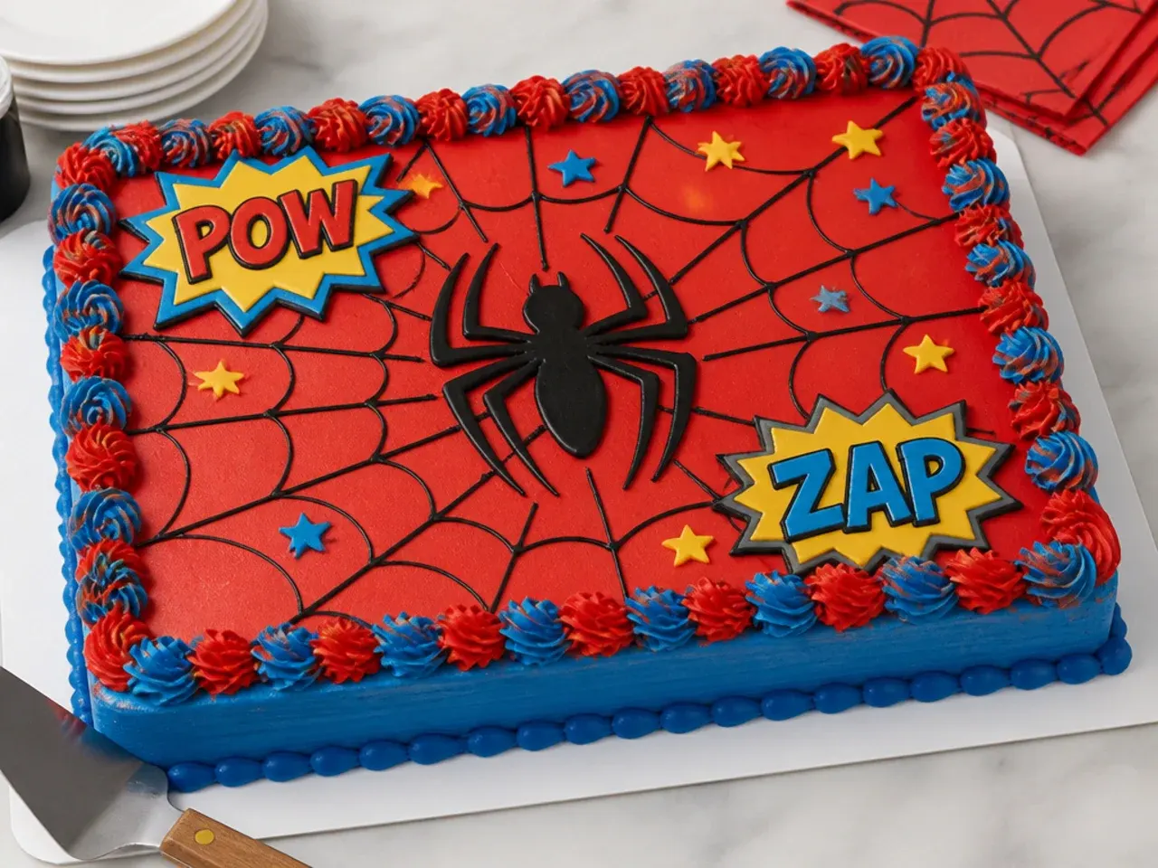 Comic book pop art Spiderman sheet cake with POW and ZAP speech bubbles
