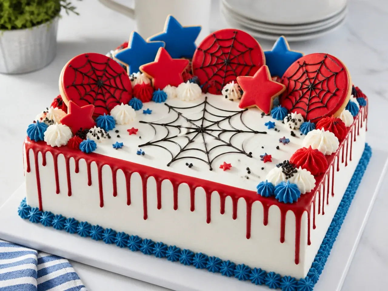 Modern white buttercream Spiderman sheet cake with red drip and web cookie toppers