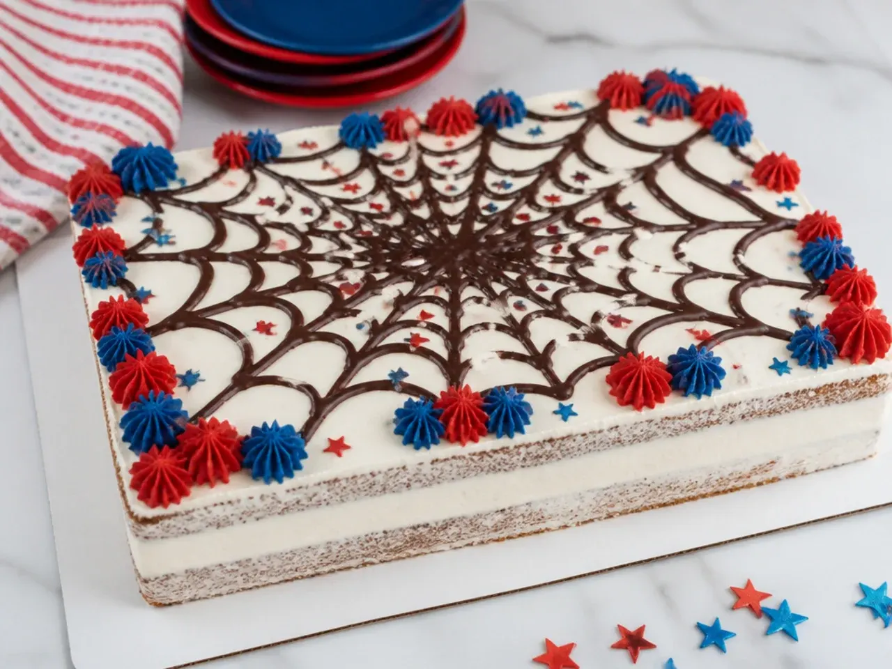 Rustic semi-naked Spiderman sheet cake with drizzled chocolate web pattern
